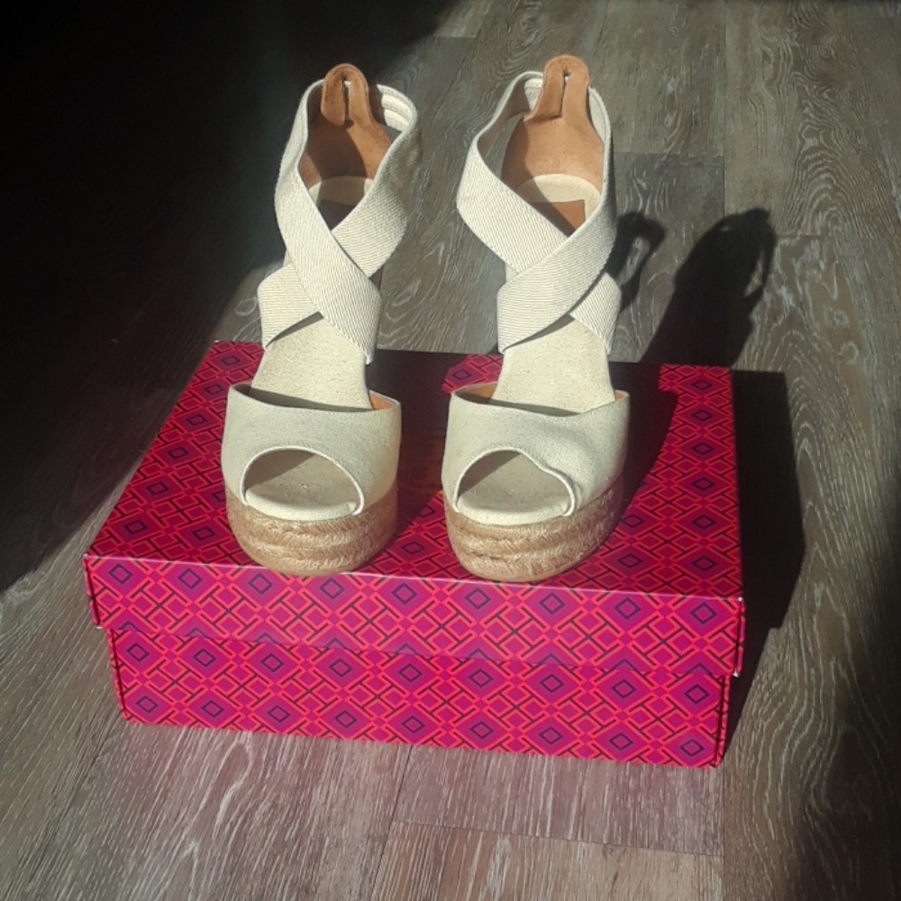 Tory Burch Peep Toe ivory cork platform